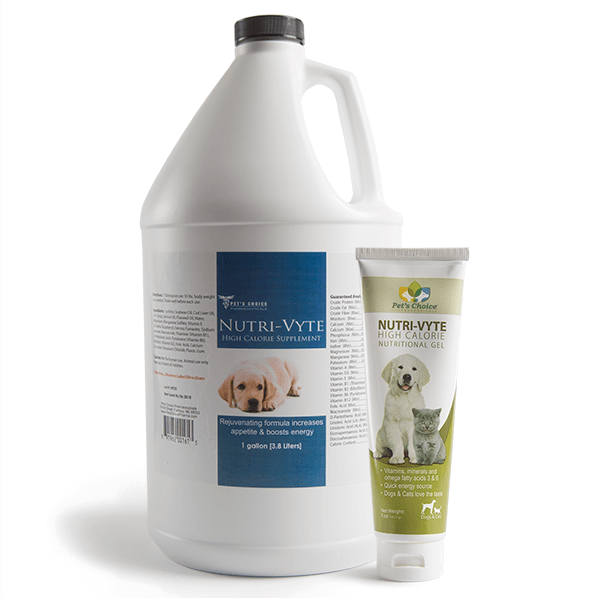 Group shot of Nutri-Vyte High Calorie Supplement for dogs and cats in 1 gallon and 4.25 ounce containers